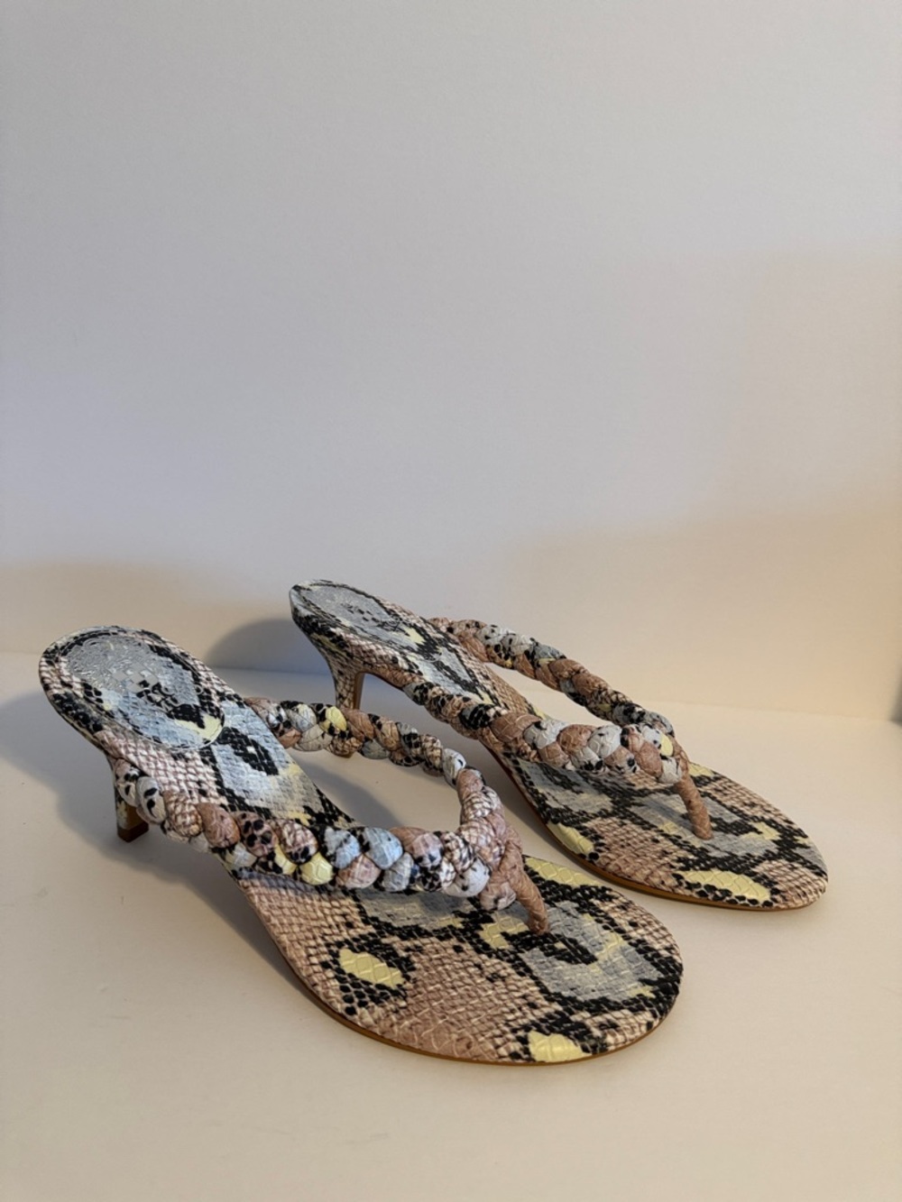 Vince Camuto Snake-Print Braided Thong Sandals in Tan, Black, Yellow, Blue